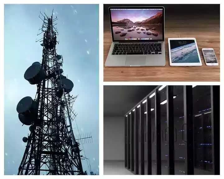 Illustrations d’une antenne réseau, de terminaux numérique et des serveurs dans un datacenter