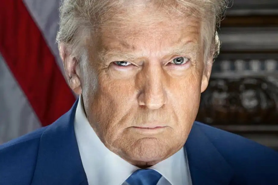 Photographie officielle de Donald Trump, le regard menaçant.